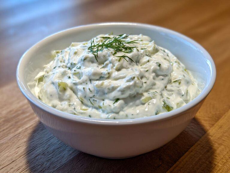 A close-up of creamy homemade tartar sauce recipe garnished with fresh dill in a white bowl.