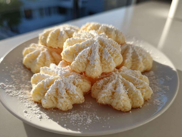 A pile of freshly baked Italian butter cookies, shaped like ridged shells and heavily dusted with powdered sugar.