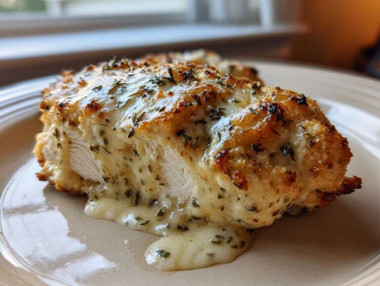 Cross-section of a juicy caesar chicken breast covered in melted, herbed creamy sauce.