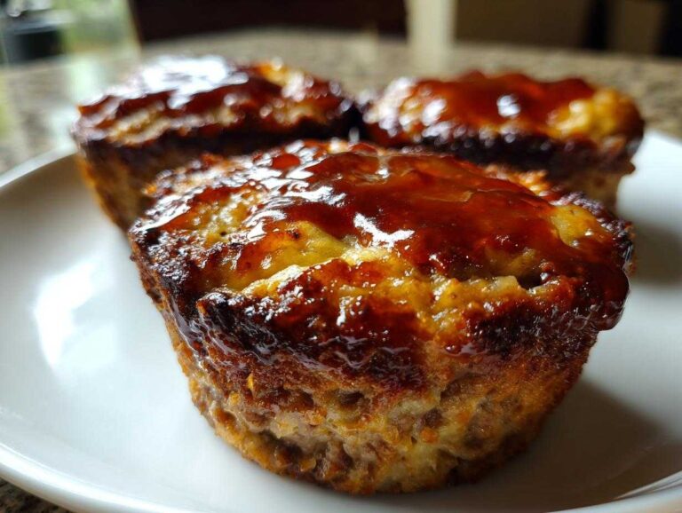 Close-up of three juicy mini meatloaf portions topped with a shiny, dark glaze, served on a white plate.