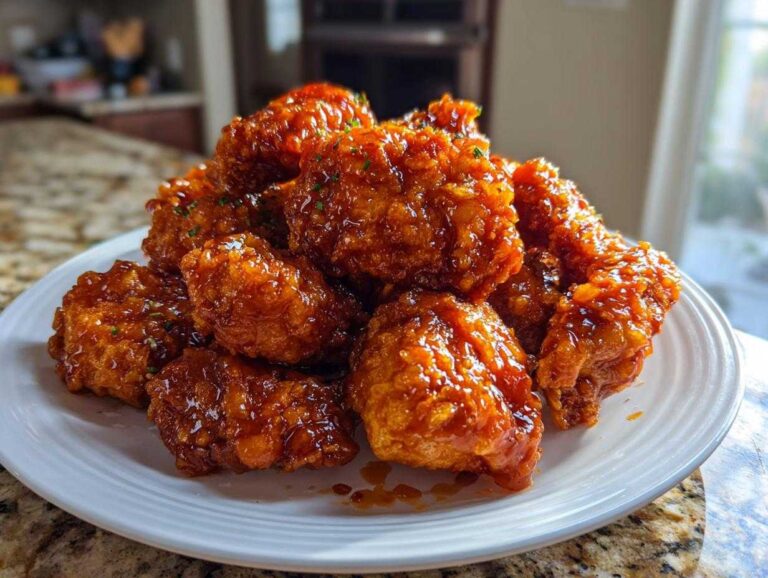 A pile of crispy, glazed korean fried chicken recipe pieces served on a white plate.