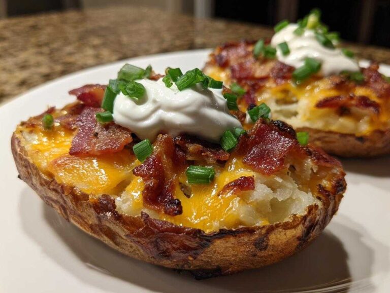 Close-up of two loaded potato skins topped with melted cheddar, bacon, sour cream, and chives.