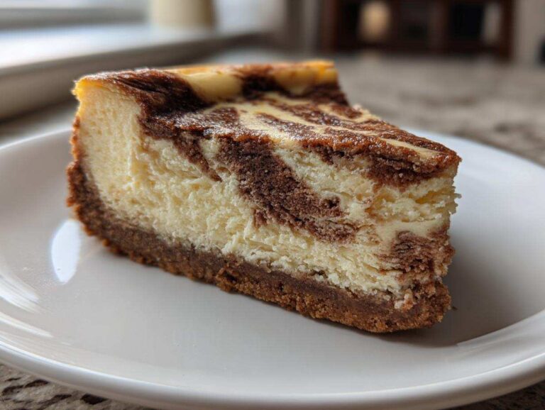 A close-up of a rich slice of marbled snickerdoodle cheesecake showing a cinnamon swirl pattern on a white plate.