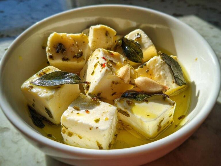 Close-up of cubed marinated cheese soaking in olive oil with sage leaves and garlic cloves.