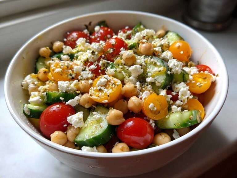 Close-up of a vibrant mediterranean chickpea salad featuring chickpeas, cherry tomatoes, cucumber, and feta cheese.