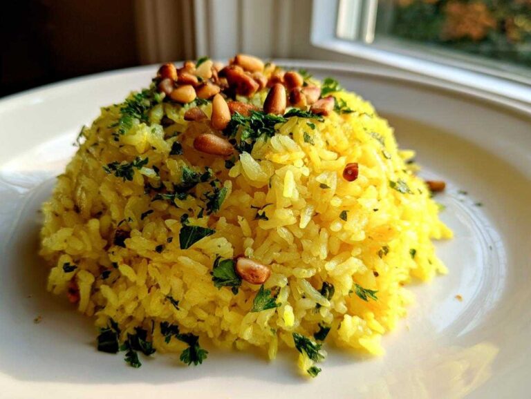 A mound of vibrant yellow mediterranean rice garnished with toasted pine nuts and fresh chopped parsley on a white plate.