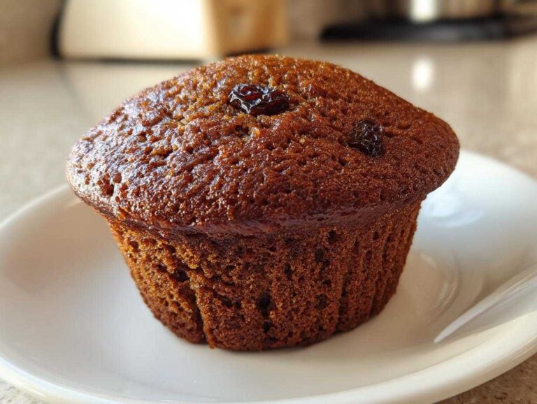 Close-up of a single, dark brown, moist bran muffin topped with raisins, resting on a white plate.