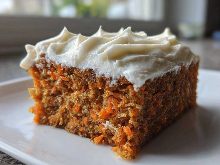 A close-up of a moist slice of carrot cake recipe topped with thick cream cheese frosting on a white plate.