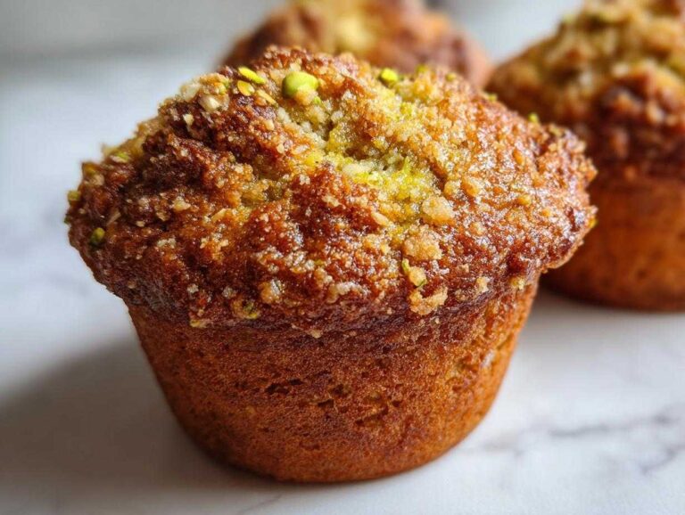 Close-up of a perfectly baked, moist pistachio muffins featuring a golden-brown crumb topping and visible green pistachio pieces.