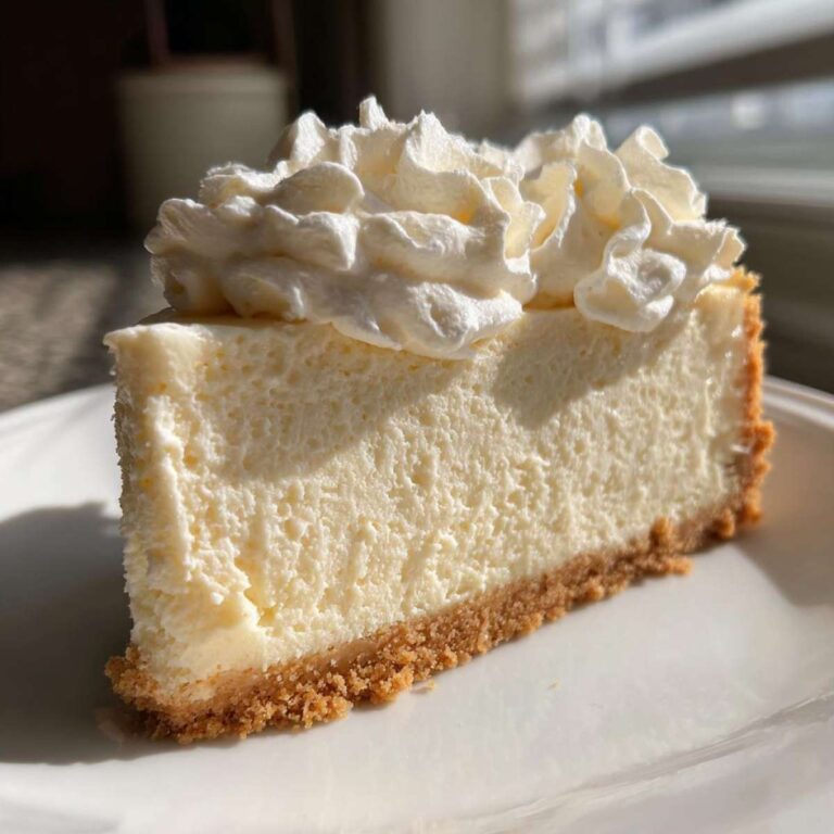 A thick slice of creamy new york cheesecake topped with swirls of fresh whipped cream on a white plate.