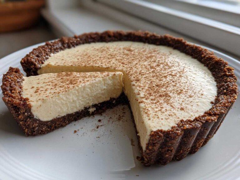 A creamy, no-bake eggnog pie with a dark crust, dusted with cinnamon, featuring one slice cut out.