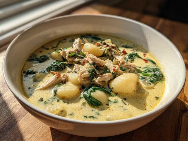 A close-up of a bowl of creamy olive garden chicken gnocchi soup, featuring shredded chicken, soft gnocchi, and wilted spinach.