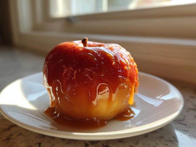 A single, glossy red caramel apple dripping with thick, rich caramel sauce, sitting on a white plate.