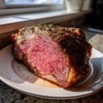 A cross-section of a beautifully roasted prime rib showing a perfect medium-rare center and herb crust.