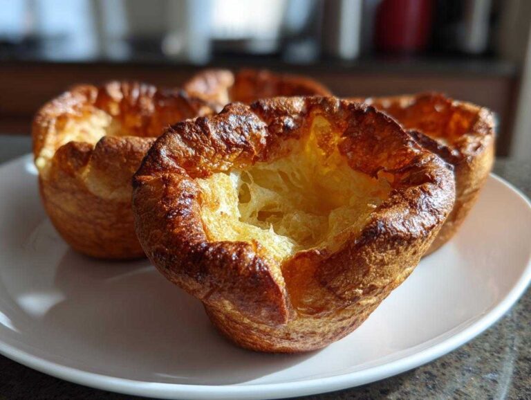 Close-up of several golden brown, perfectly risen yorkshire pudding on a white plate.