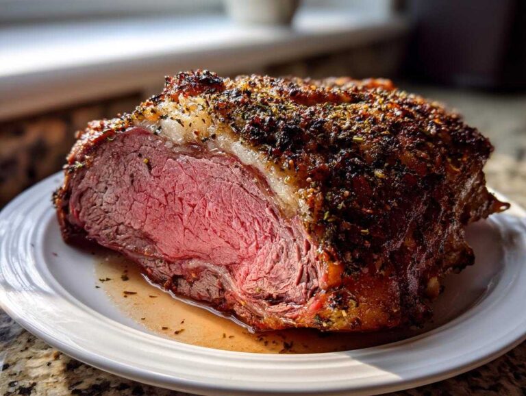 A thick slice of medium-rare prime rib roast oven cooked, showing a seasoned, dark crust and juicy pink center.