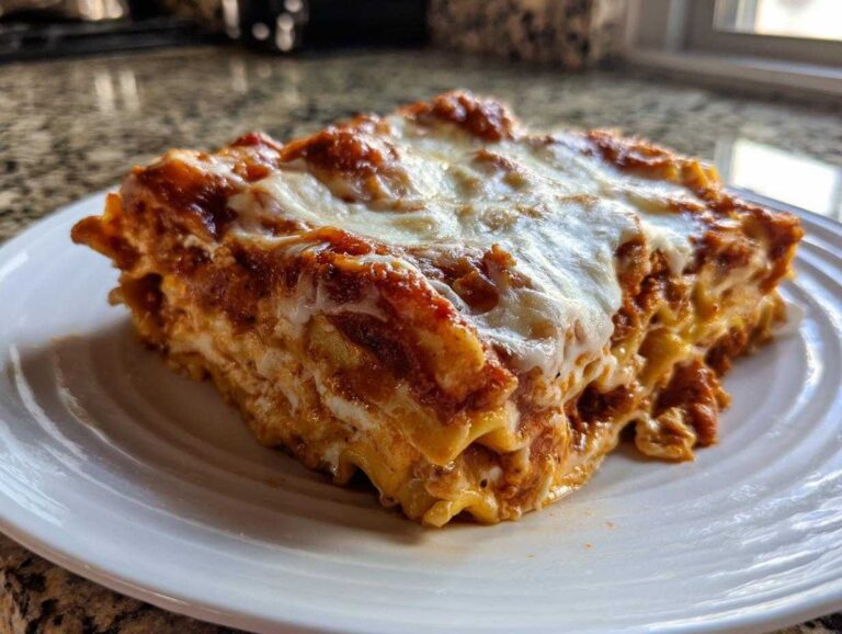 A generous, layered slice of baked ravioli lasagna topped with rich tomato sauce and melted mozzarella cheese.