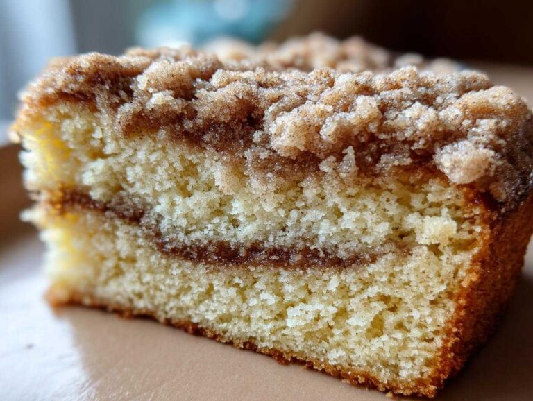 A close-up, macro shot showing the moist crumb and thick cinnamon streusel topping of a slice of sour cream coffee cake.