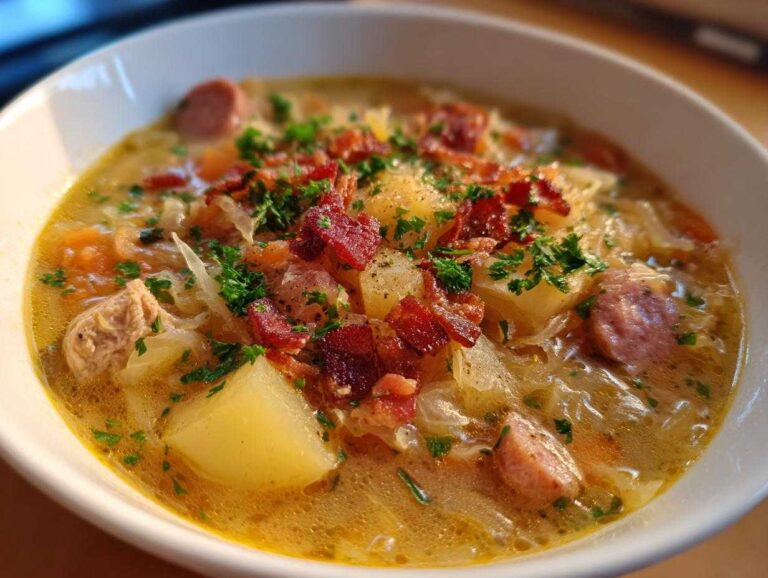 A close-up of a rich, yellow broth sauerkraut soup filled with potatoes, sausage, bacon, and fresh parsley.