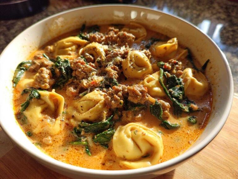 Close-up of a creamy bowl of sausage tortellini soup filled with pasta, ground sausage, and wilted spinach.