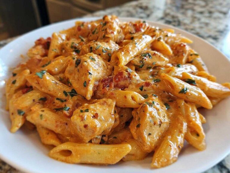 Close-up of creamy, orange-sauced chicken pasta featuring penne noodles and chunks of seasoned chicken.