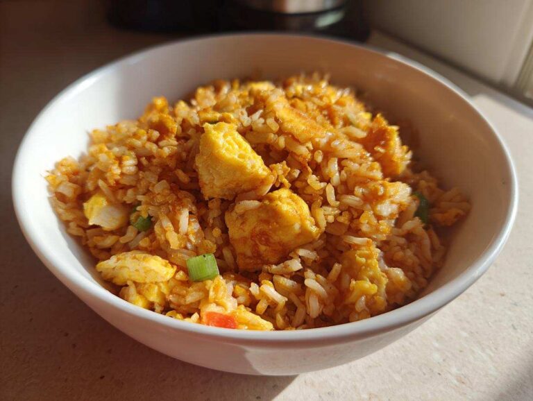 A close-up of a white bowl filled with savory pineapple fried rice mixed with scrambled egg pieces and green onions.
