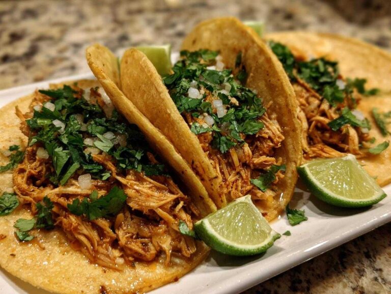 Close-up of three soft corn tortilla chicken tacos filled with shredded seasoned chicken, topped with fresh cilantro and diced onion, served with lime wedges.