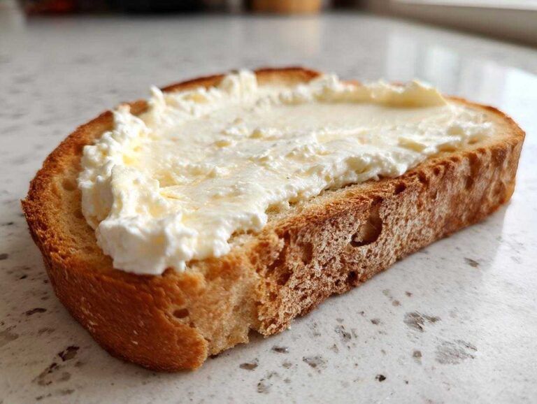 A close-up of a slice of toasted bread generously topped with creamy cottage cheese toast.