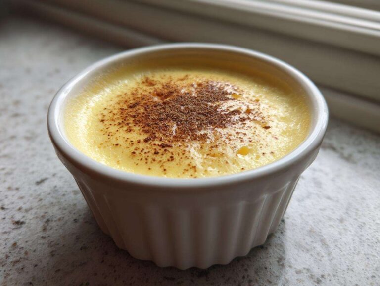 A close-up of a smooth, yellow egg custard dessert topped with a dusting of cinnamon in a white fluted ramekin.