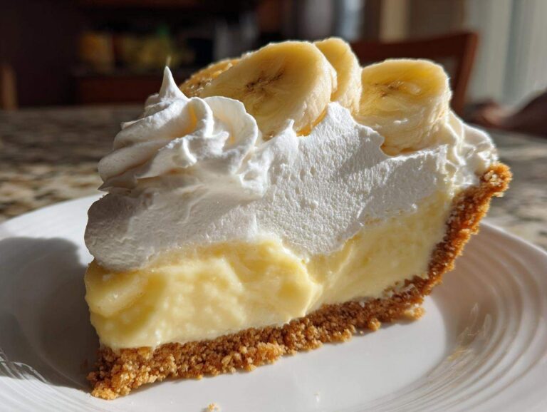 A perfect slice of banana cream pie showing graham cracker crust, thick vanilla custard, and tall whipped cream topped with fresh banana slices.