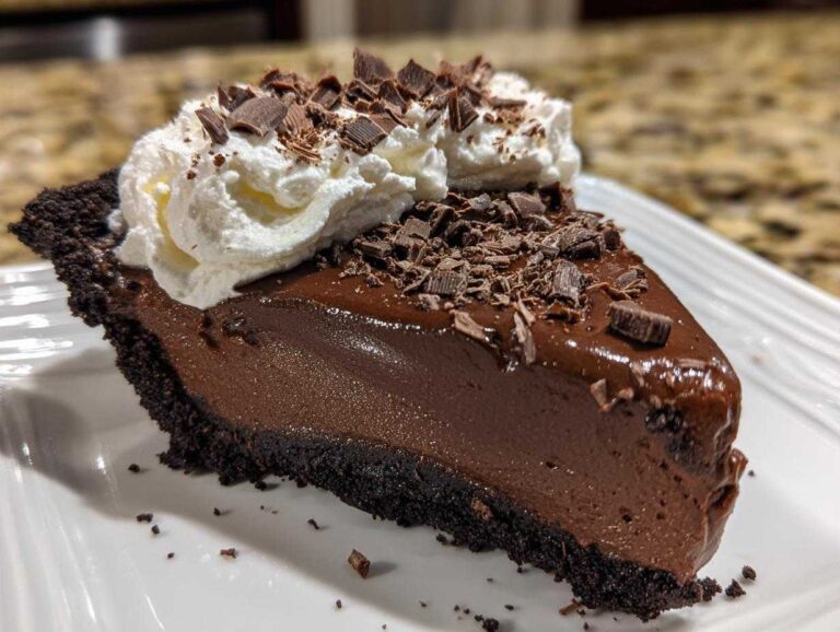 A decadent slice of chocolate mousse pie with a dark crust, topped with whipped cream and chocolate shavings.