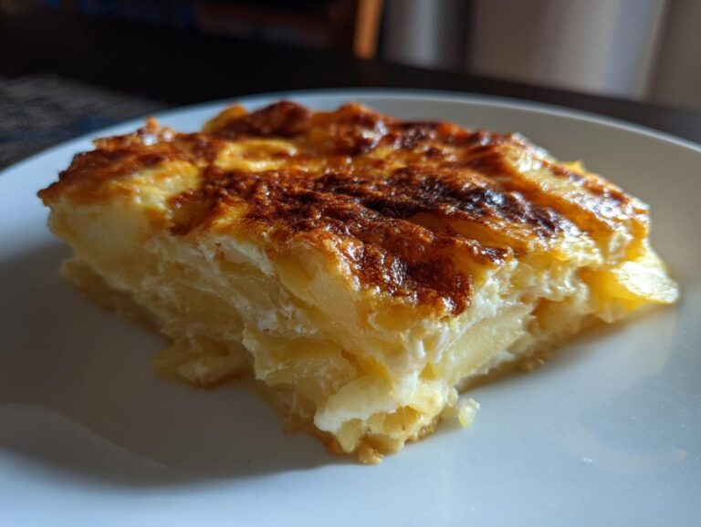 A close-up shot of a square serving of rich, creamy potatoes au gratin with a beautifully browned and caramelized top.
