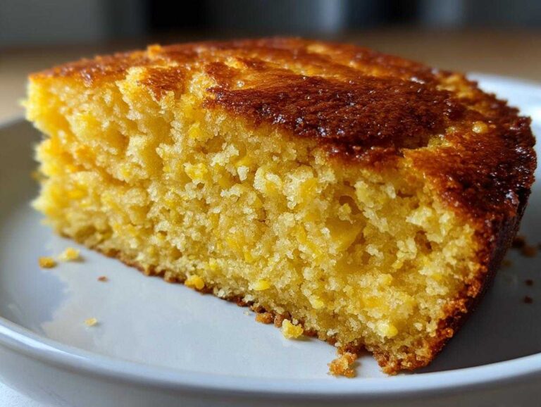 Close-up of a moist, yellow slice of skillet cornbread showing a rich, dark golden-brown crust.