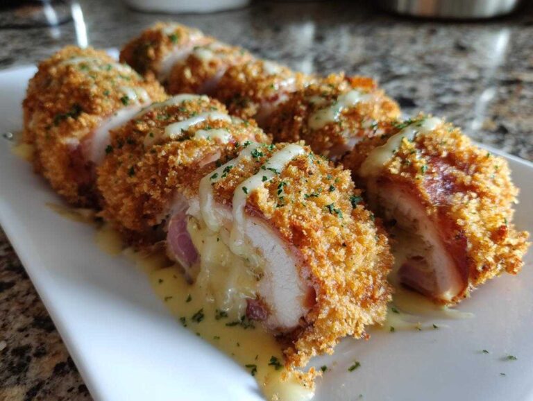Close-up of sliced, breaded chicken cordon bleu rolls oozing melted cheese and drizzled with sauce.