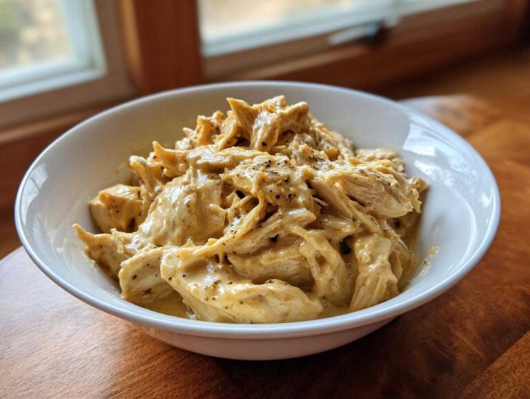 Shredded chicken coated in a creamy sauce, seasoned with pepper, served in a white bowl: slow cooker garlic parmesan chicken.