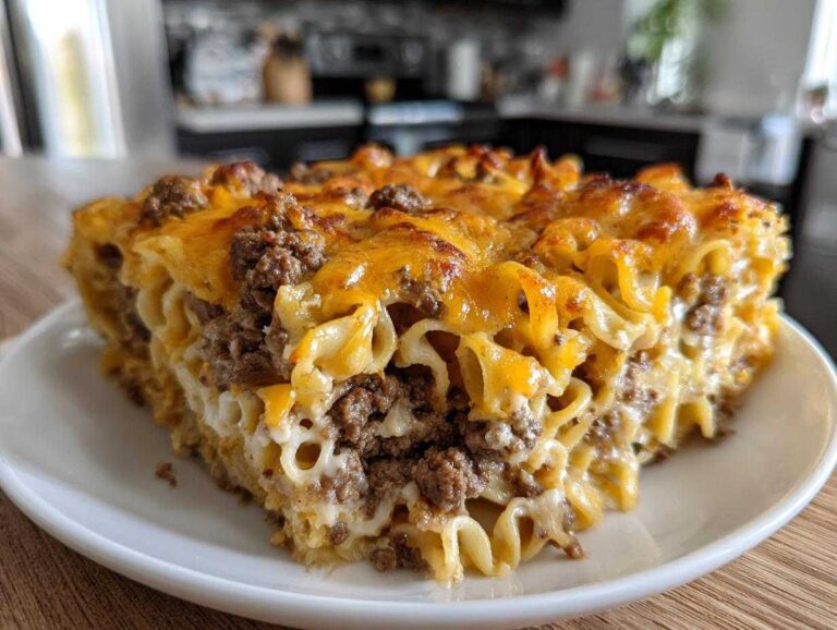 A thick slice of baked sour cream beef noodle casserole topped with melted, browned cheddar cheese and ground beef.