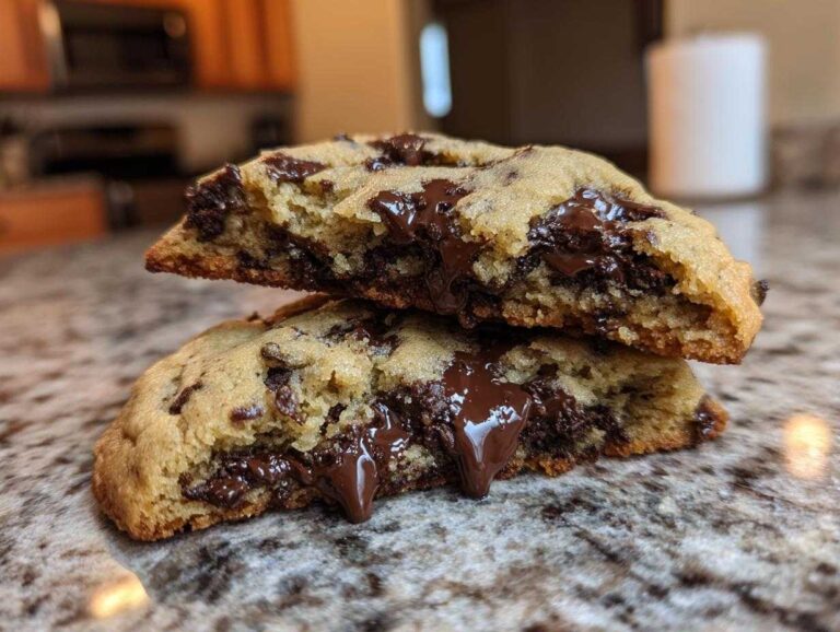 Close-up of two halves of a sourdough chocolate chip cookie stacked, showing gooey, melted chocolate in the center.