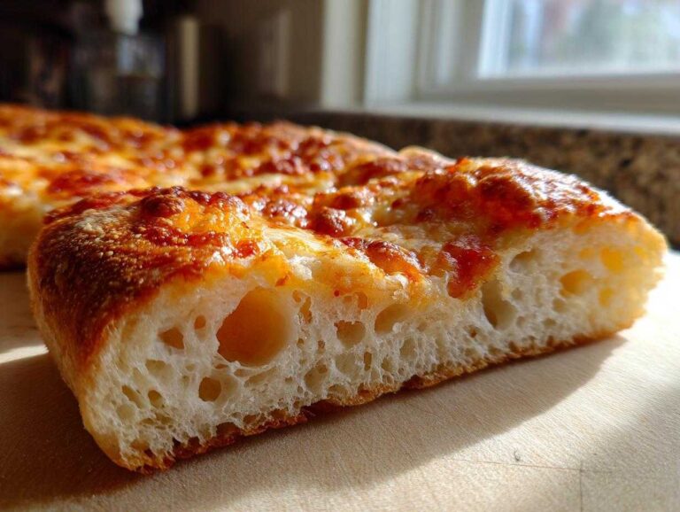 Close-up cross-section of a baked pizza slice showing the airy, open crumb structure of sourdough discard pizza dough.