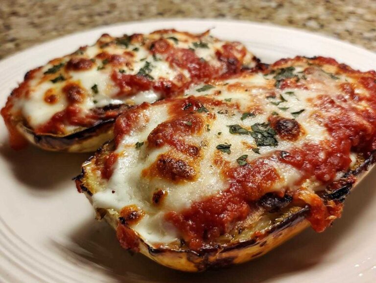 Two halves of spaghetti squash lasagna topped with melted mozzarella, marinara sauce, and parsley.