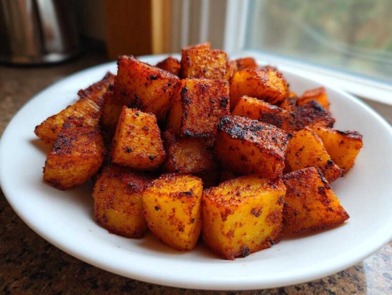 A close-up of perfectly seasoned and roasted mexican potatoes cubes piled on a white plate.