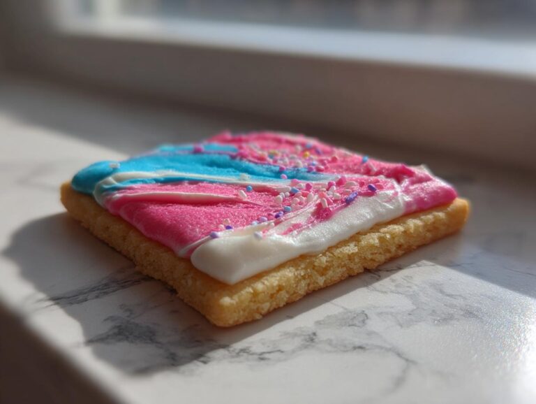 A square sugar cookie topped with thick, colorful cookie icing in pink, blue, and white stripes, sprinkled with nonpareils.