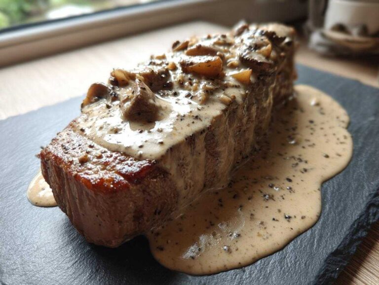 A thick cut of seared steak generously topped with creamy peppercorn sauce and mushrooms.