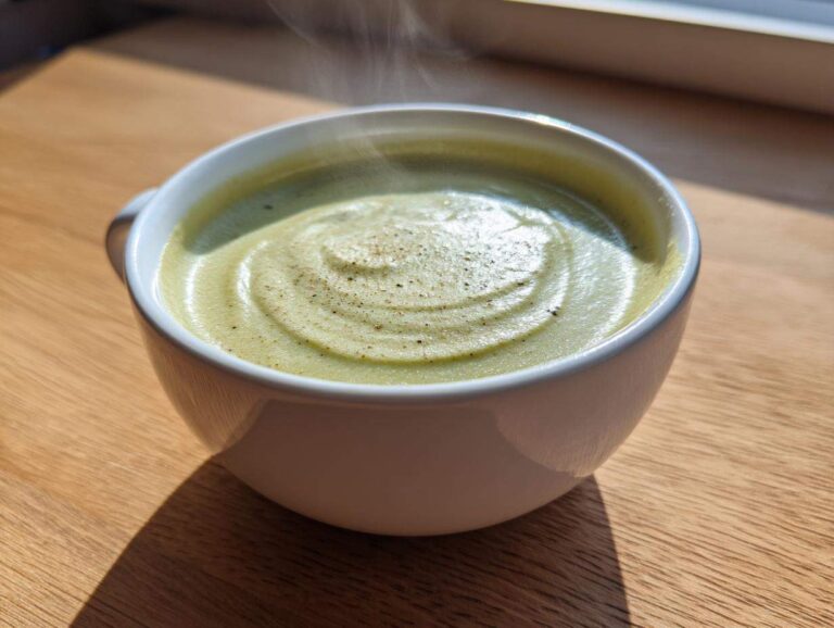 Close-up of a steaming white mug filled with creamy, light green potato leek soup, seasoned with pepper.