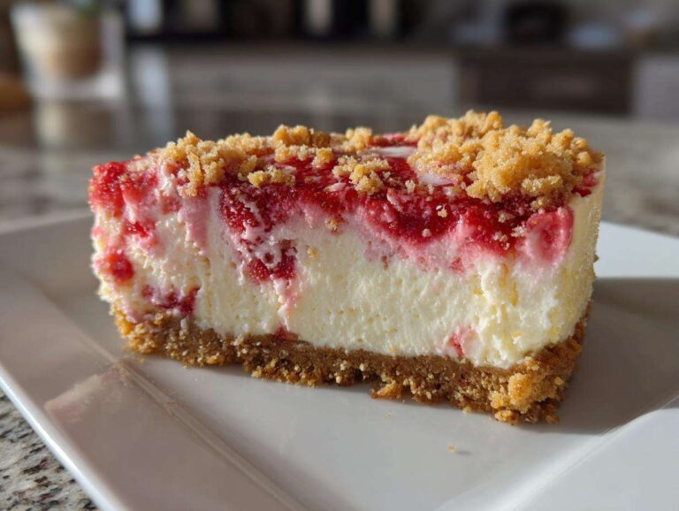 A close-up of a slice of strawberry crunch cheesecake showing the graham cracker crust, creamy filling, and strawberry swirl topping.