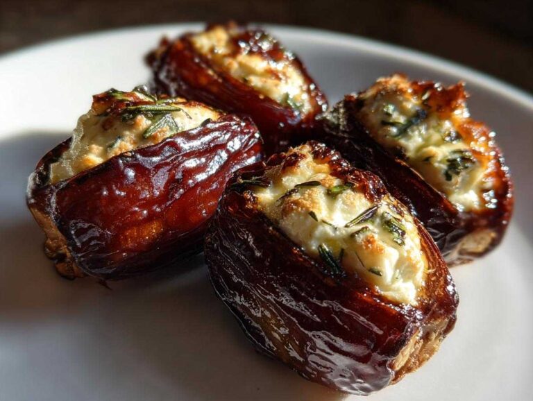 Four glossy, dark brown stuffed dates filled with a creamy white cheese mixture and herbs, served on a white plate.