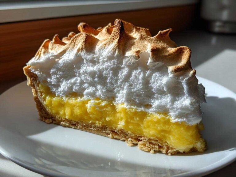 A thick slice of lemon meringue pie showing a golden crust, bright yellow lemon filling, and fluffy, torched meringue topping.