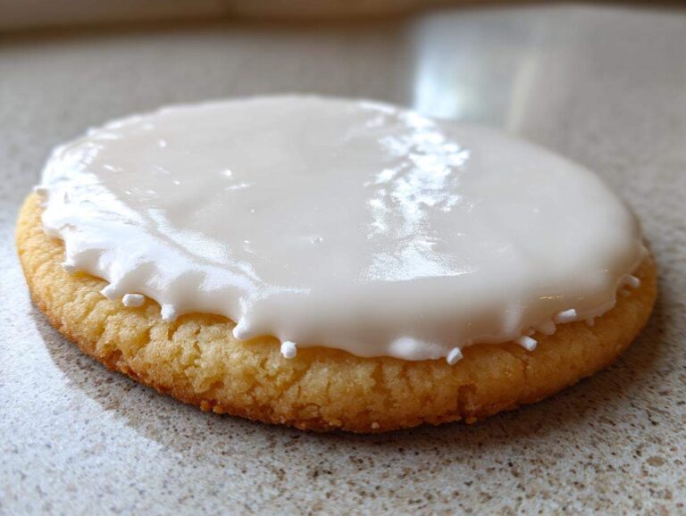 Close-up of a golden sugar cookie topped with smooth, white sugar cookie icing that hardens.