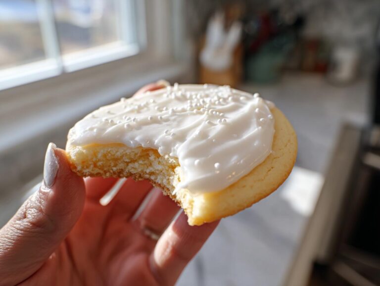 A hand holding a soft sugar cookie topped with thick white frosting and white sprinkles, featuring a bite taken out to show the texture, perfect for a sugar cookie icing recipe.