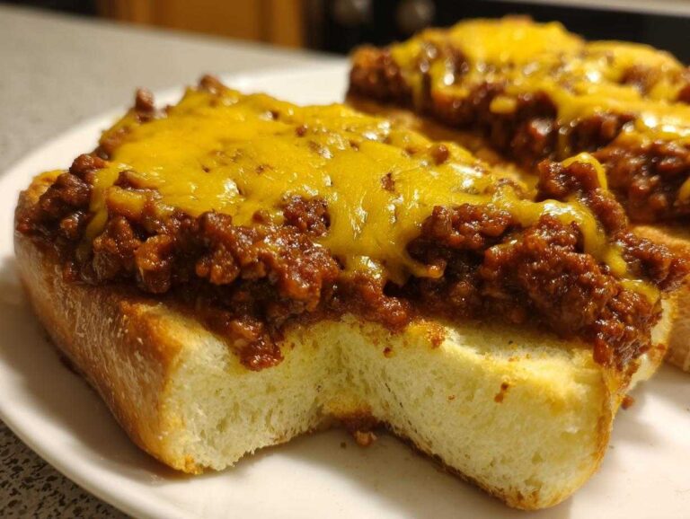 Close-up of a thick slice of Texas toast topped with savory sloppy joe mix and melted cheddar cheese.