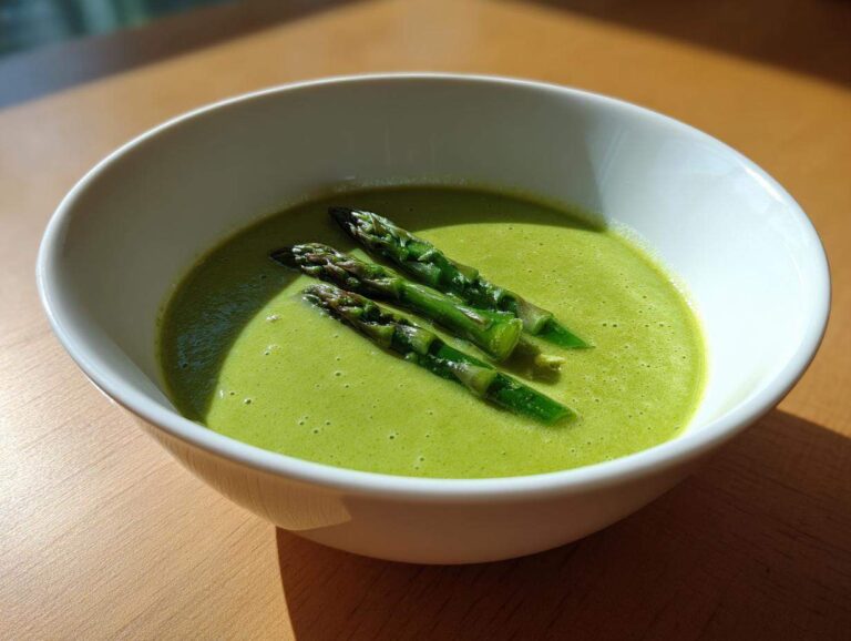 A close-up of bright green asparagus soup in a white bowl, garnished with three whole cooked asparagus spears.